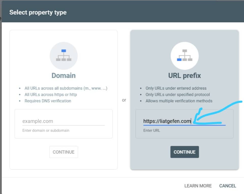 בחירת סוג הנכס ב-Google Search Console – הזנת כתובת האתר תחת URL prefix