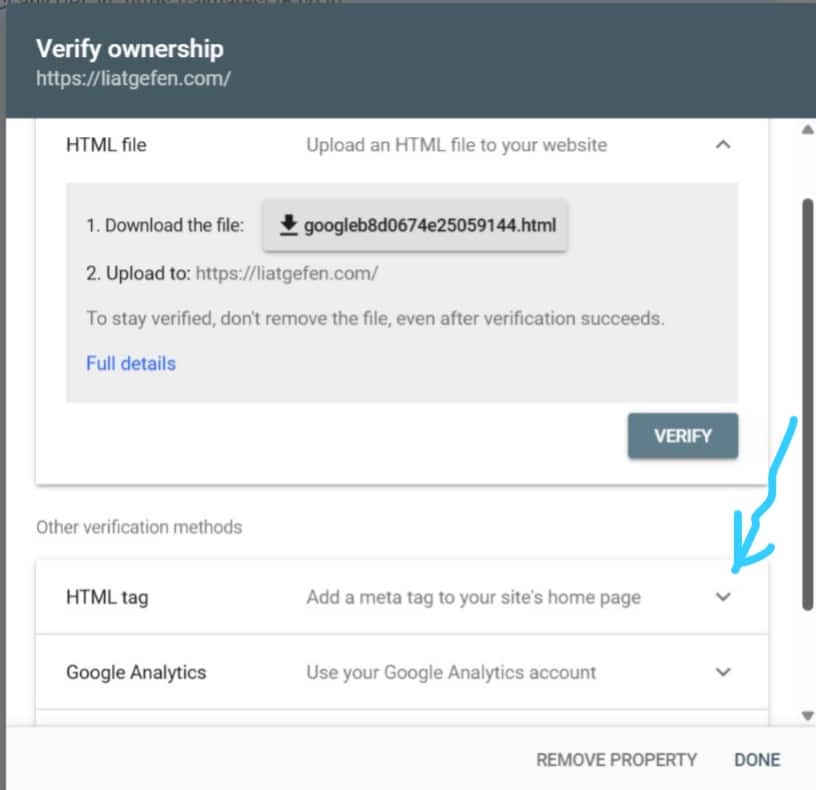 אימות בעלות על אתר ב-Google Search Console באמצעות העלאת קובץ HTML לשרת האתר