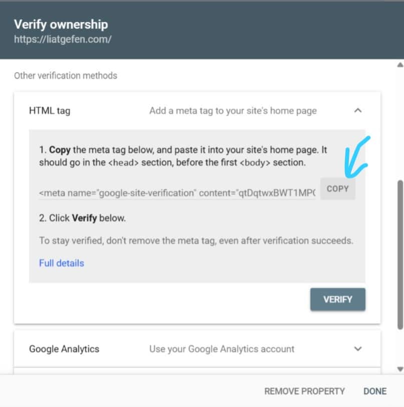 מסך אימות בעלות על אתר ב-Google Search Console – העתקת תגית HTML לאימות האתר