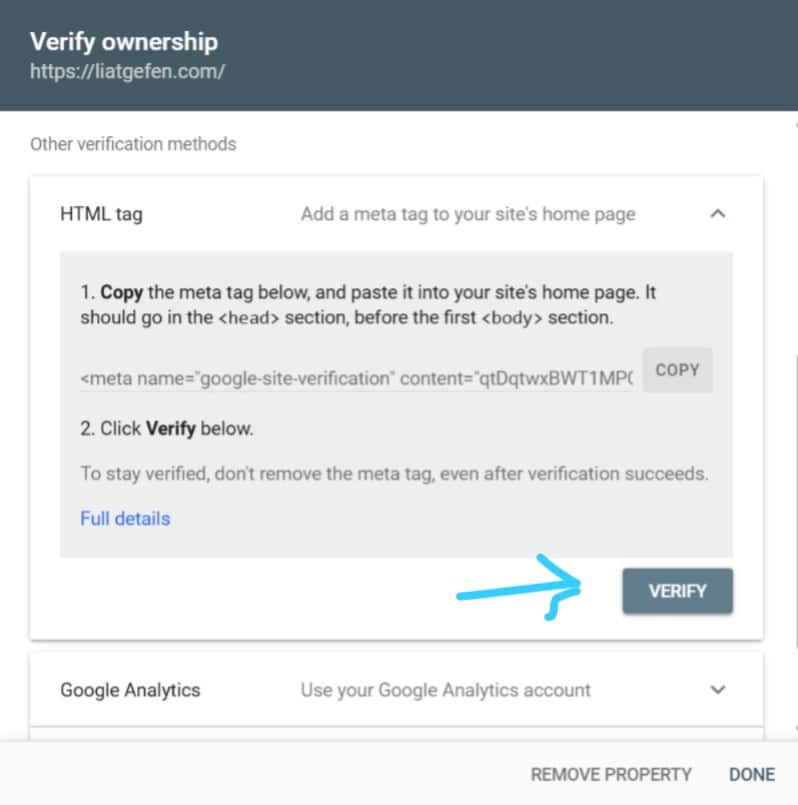 מסך אימות בעלות על אתר ב-Google Search Console באמצעות תגית HTML